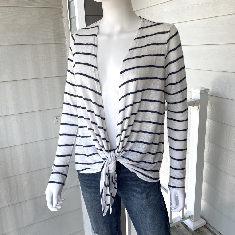 VELVET BY GRAHAM & SPENCER Navy Blue and White Striped Open Front Tie Cardigan